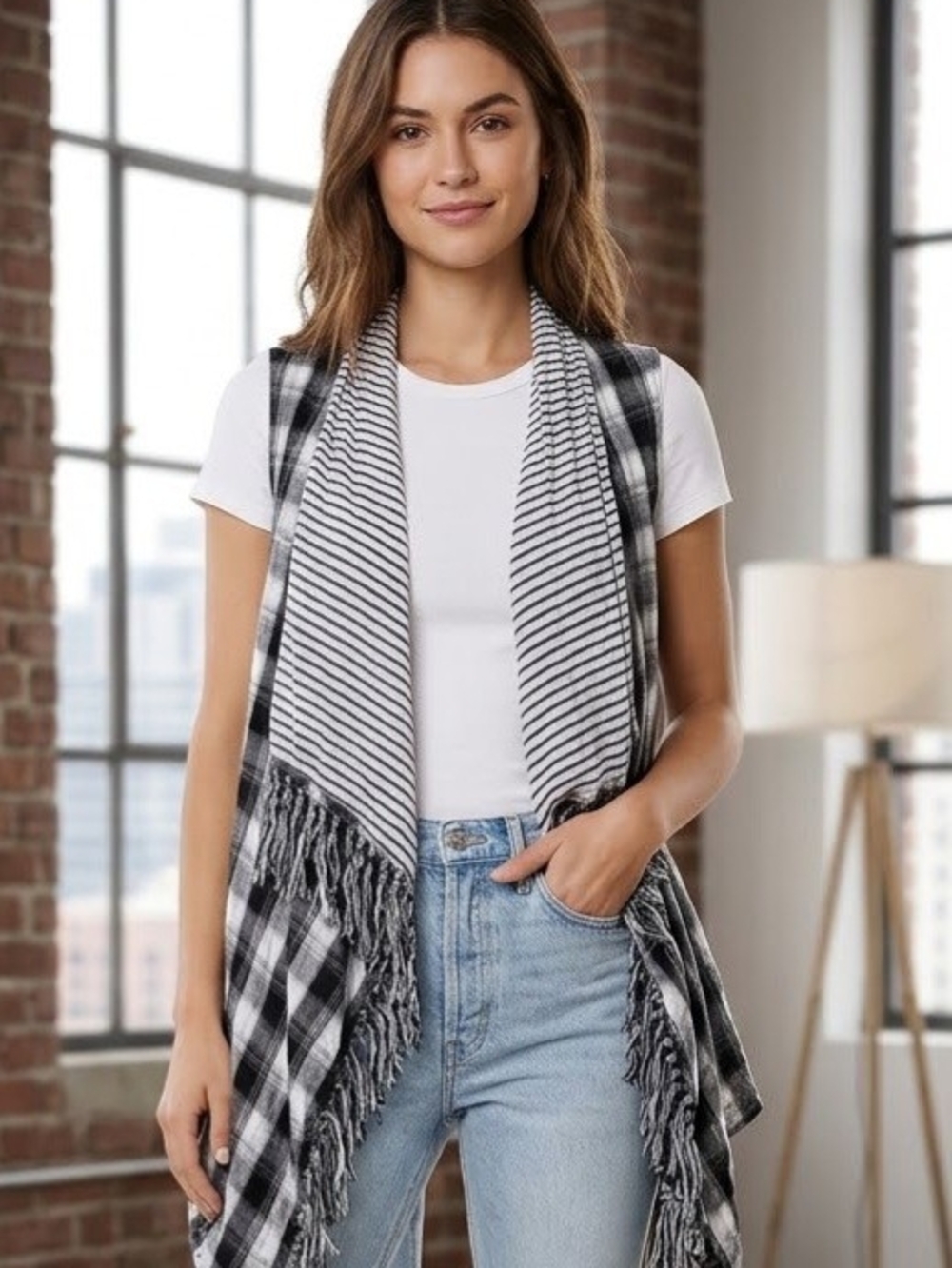 Umgee Black & White Plaid Fringe Shawl Vest with Striped Lining